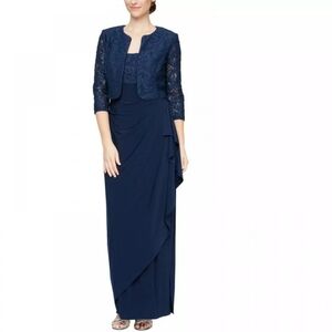 NWT Alex Evenings 2-Pc Lace Bolero & Gown Set in Navy Size 4 Petite